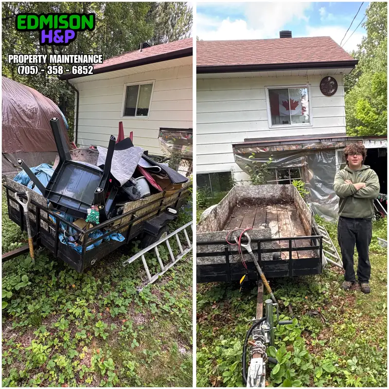 Utility trailer loaded with junk on an EdmisonH&P removal job, shown full and then with the area cleared