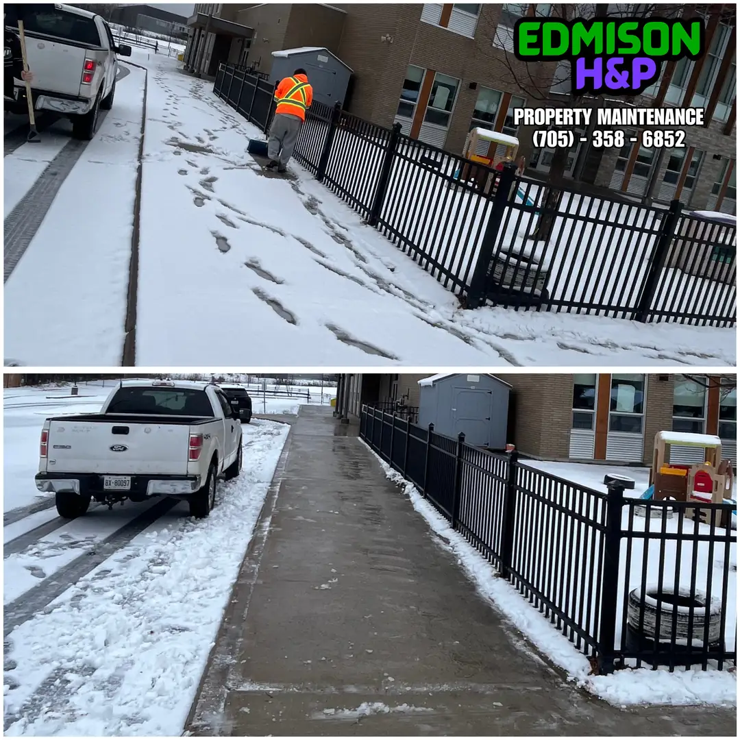 EdmisonH&P snow removal in North Bay, snow-covered walkway before and cleared path after
