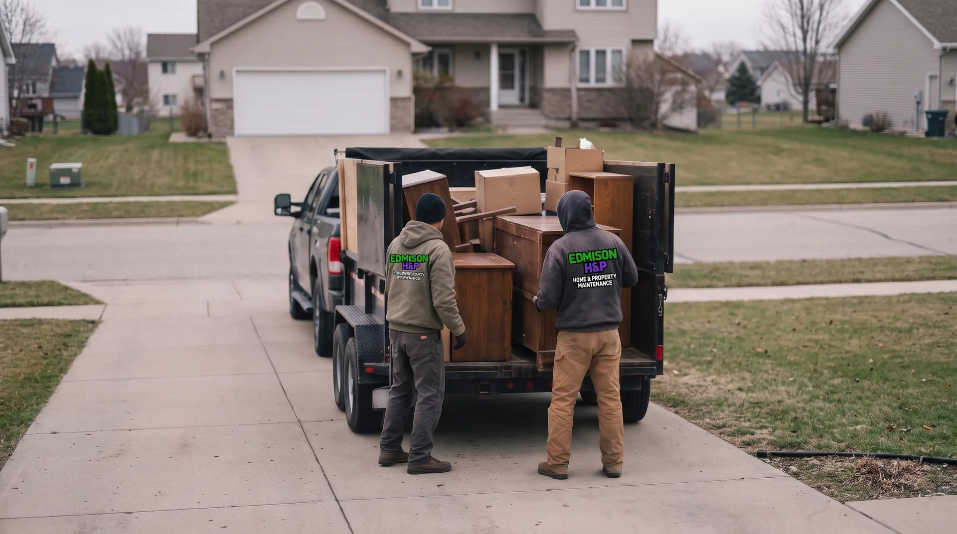 EdmisonH&P Property Maintenance crew in branded jackets loading furniture and junk onto a trailer in North Bay