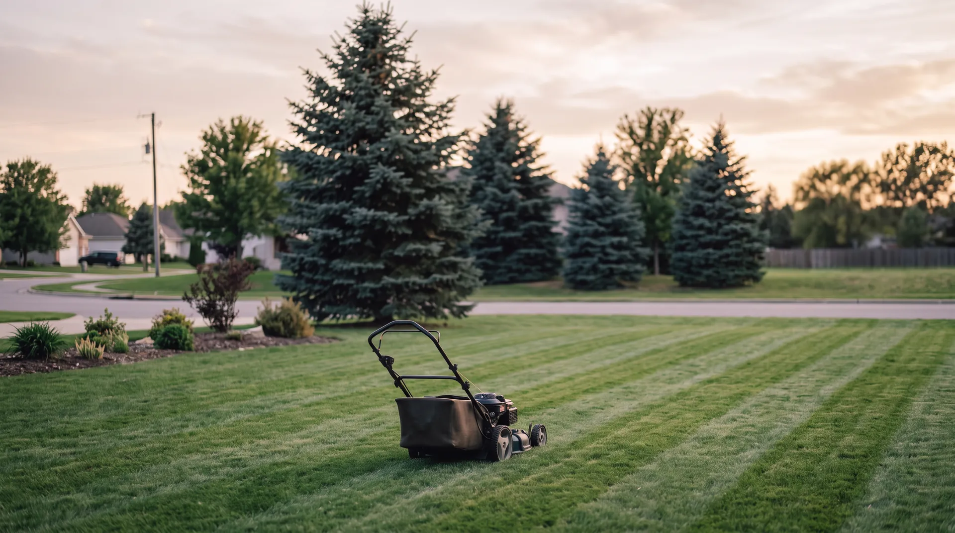 Freshly striped lawn cut by EdmisonH&P Property Maintenance in North Bay at golden hour with a walk-behind mower