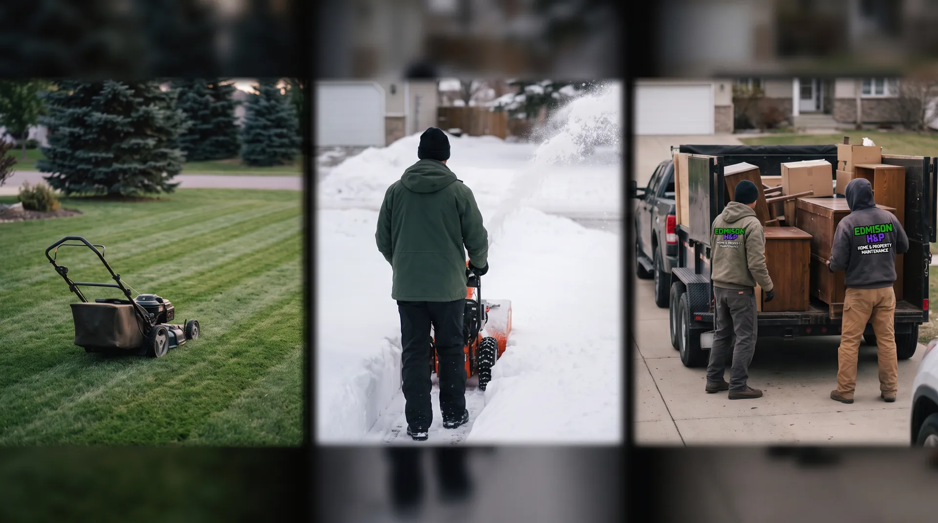 EdmisonH&P Property Maintenance services in North Bay: a freshly striped lawn beside a mower, a worker clearing driveway snow with a snowblower, and a crew loading junk into a truck