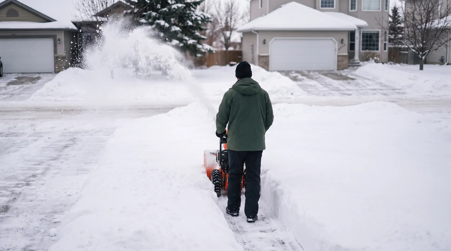 EdmisonH&P Property Maintenance worker clearing a North Bay driveway with a snowblower under a seasonal snow removal contract